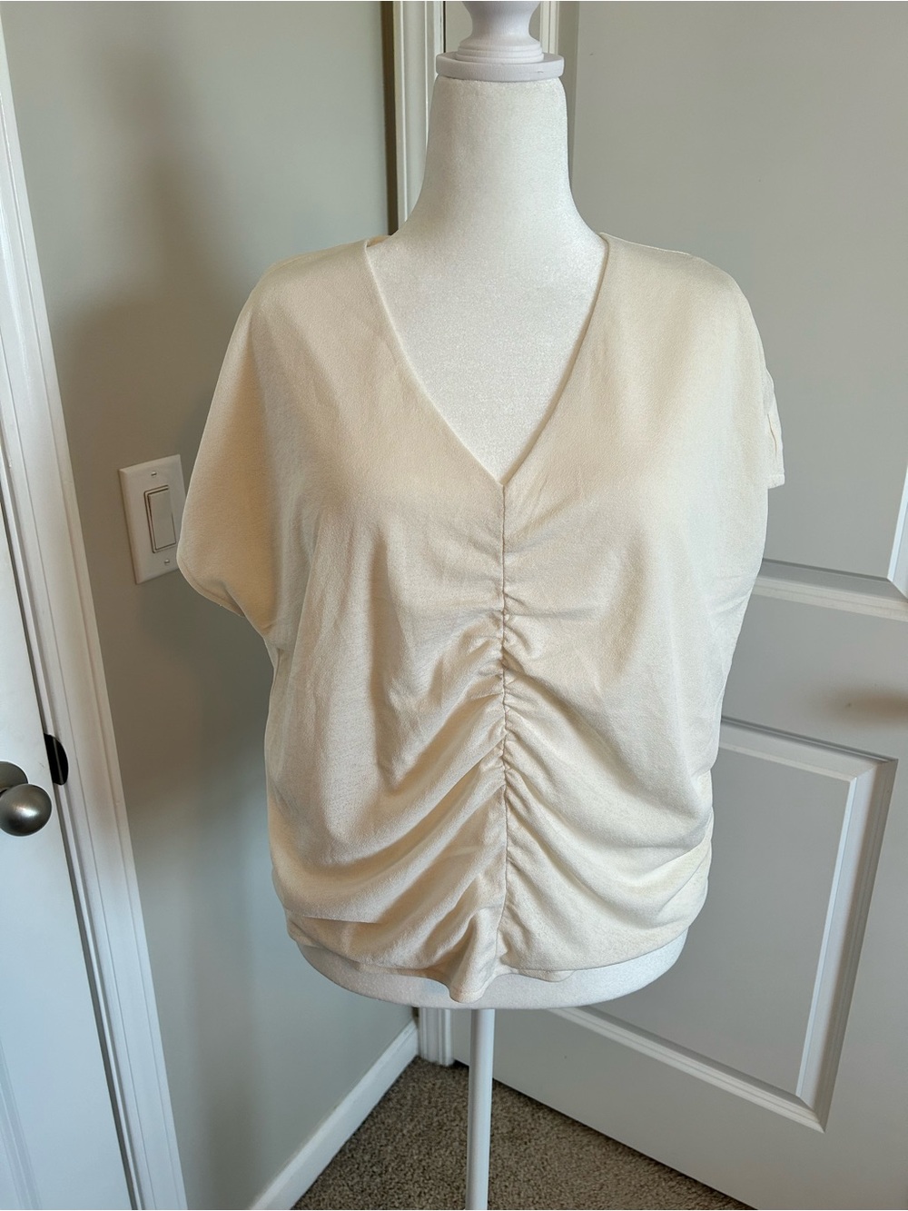 Express Cream Ruched Front V-Neck Short Sleeve Top